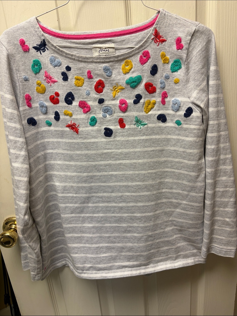 Joules Gray & White Striped Sweatshirt with Multicolor Embroidery